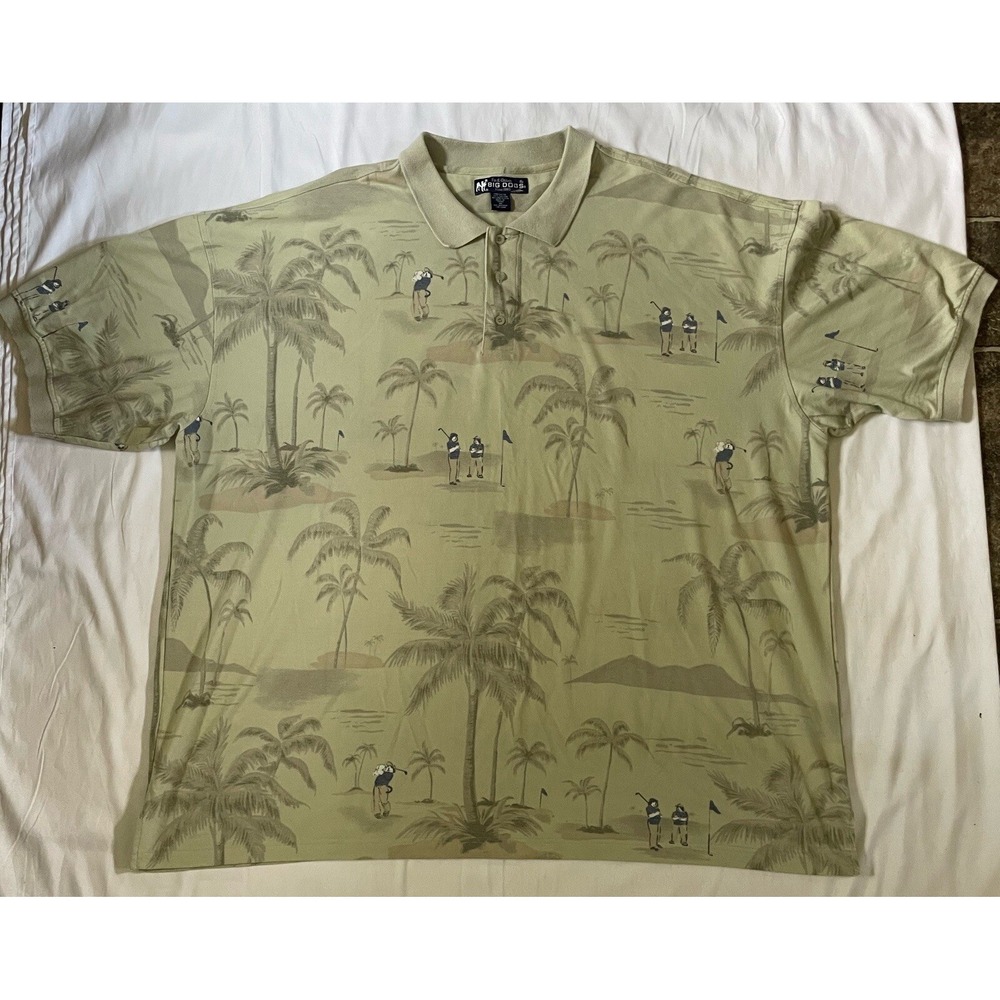 Big Dogs Polo Shirt Adult 4XL Beige Short Sleeve Golf Palm‎ Trees Casual Mens